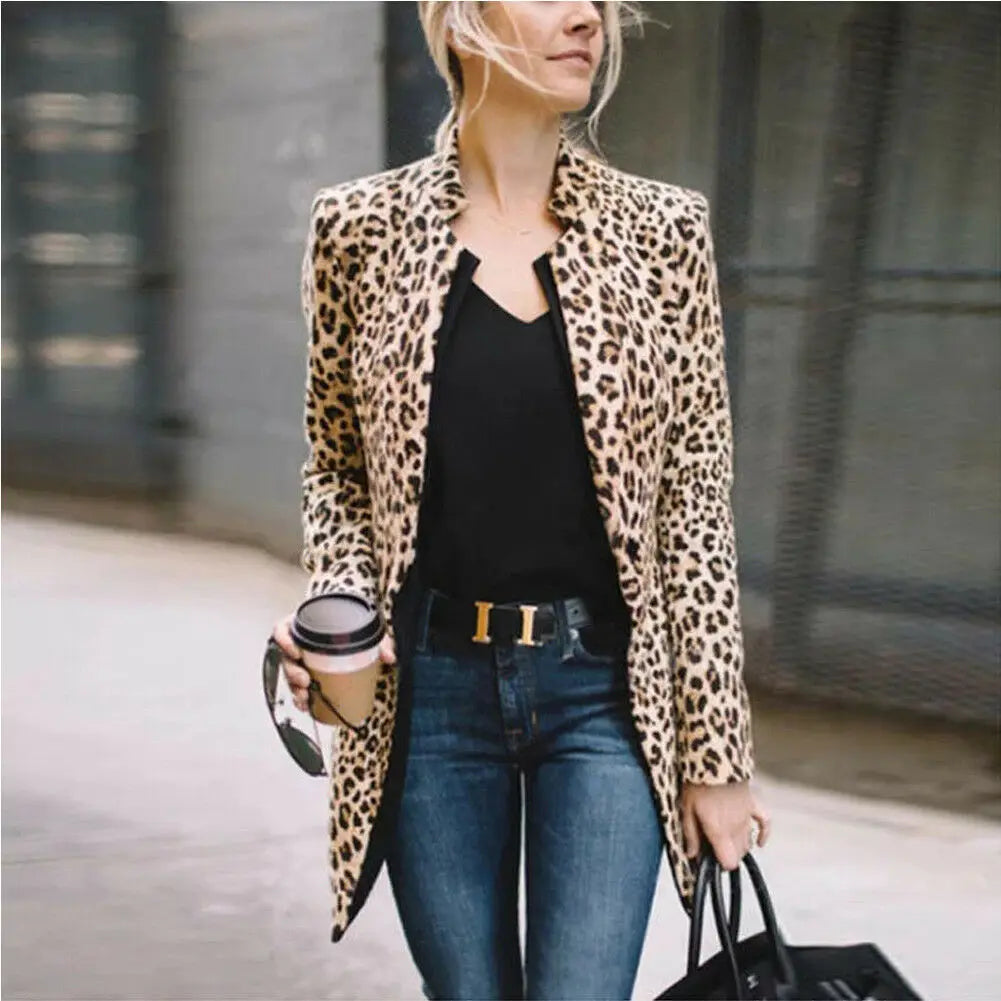 Neue Leopard Blazer Frauen Langarm Blazer Strickjacke Tops Leopard Print Mantel Formale Anzug Dame Mode Outwear Langen Mantel