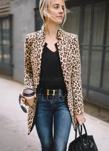 Neue Leopard Blazer Frauen Langarm Blazer Strickjacke Tops Leopard Print Mantel Formale Anzug Dame Mode Outwear Langen Mantel