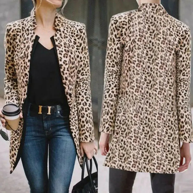 Neue Leopard Blazer Frauen Langarm Blazer Strickjacke Tops Leopard Print Mantel Formale Anzug Dame Mode Outwear Langen Mantel