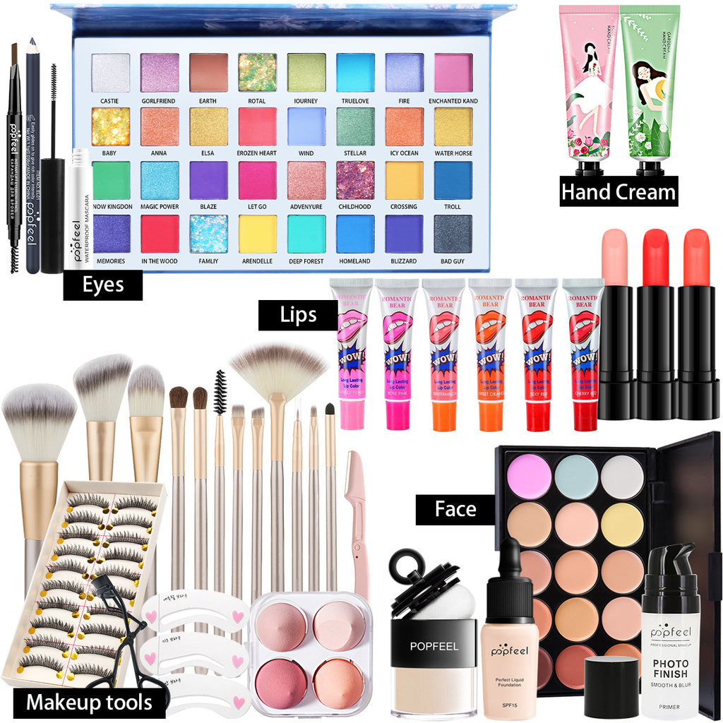 POPFEEL All-in-One-Make-up-Set, Geschenkset mit Lidschatten-Palette, Foundation, Lipgloss, Rouge, Pinsel, Eyeliner und mehr Schönheitsgeschenke