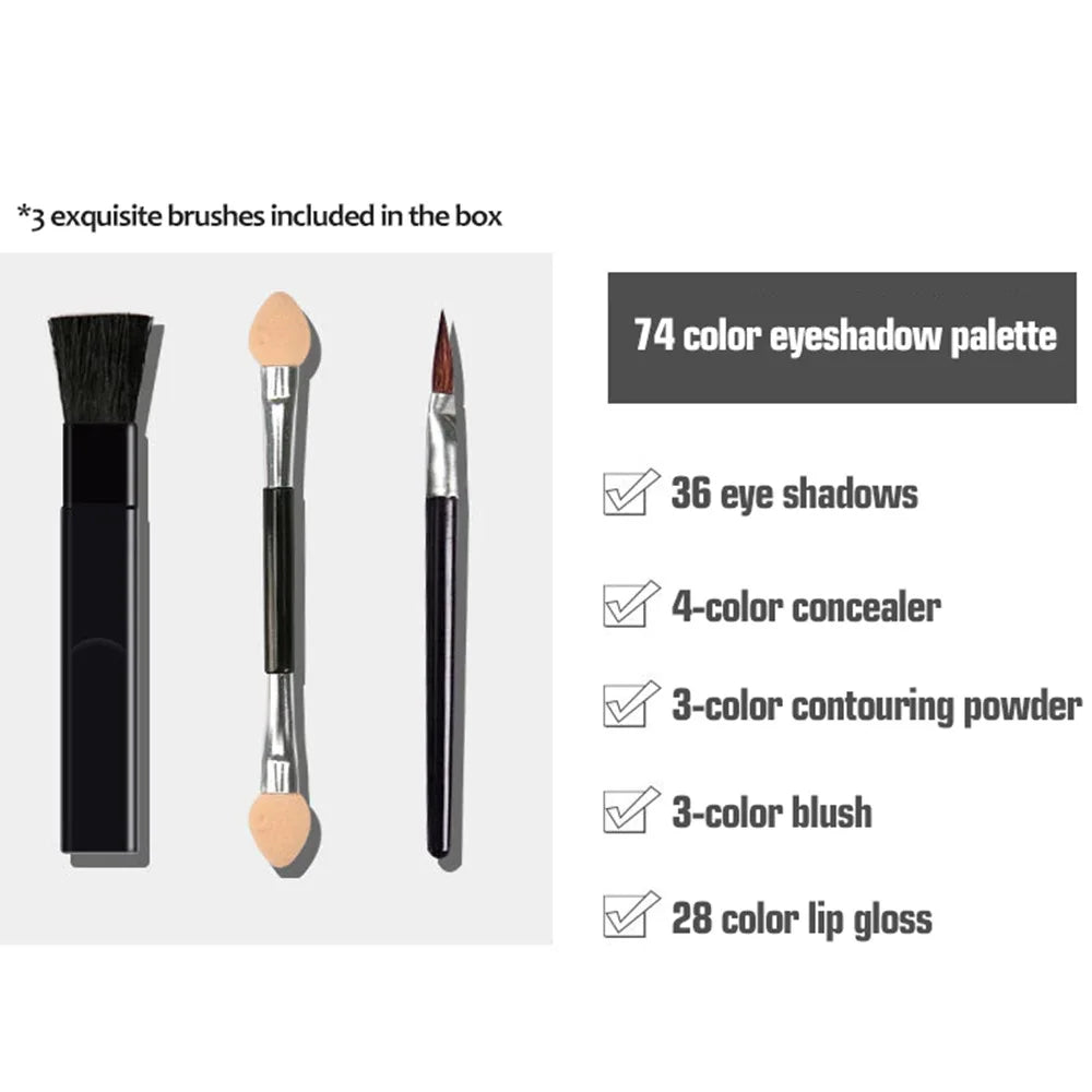 74-Farben-Lidschatten-Make-up-Set, komplettes Gesichts-Make-up-Set, Lidschatten, Lipgloss, Eyeliner, Make-up-Pinsel, Kosmetiktasche, Etui, Make-up
