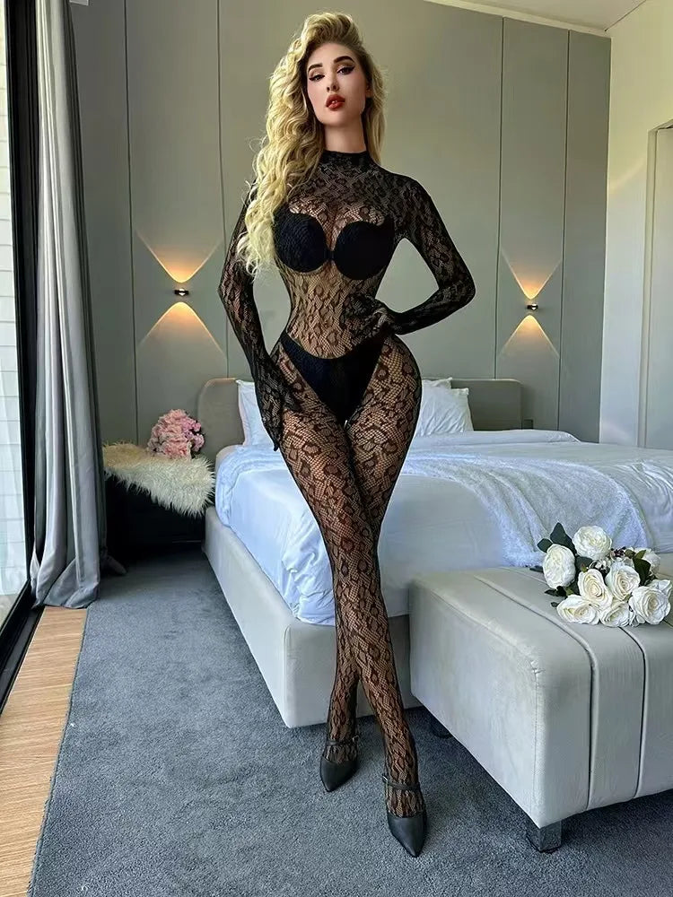 Frauen Sexy Leopard Aushöhlen Mesh Bodystocking Fishnet Dessous Langarm Durchsichtig Bodysuit Overall Nachtwäsche SIMPLEJEWEL