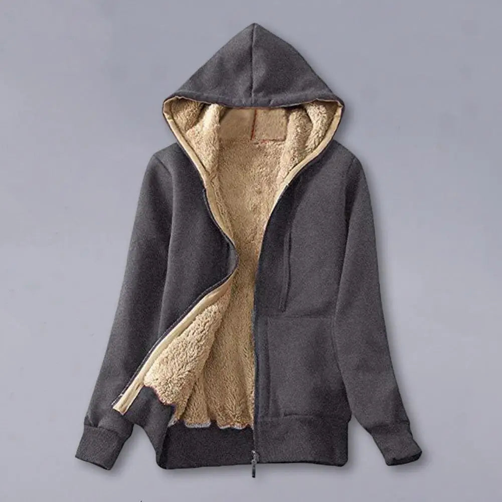 Lightweight Jacket Cozy Fleece-lined Winter Hoodie with Pockets for Women Stylish Zip-up Coat with Drawstring Hem Elastic Cuffs