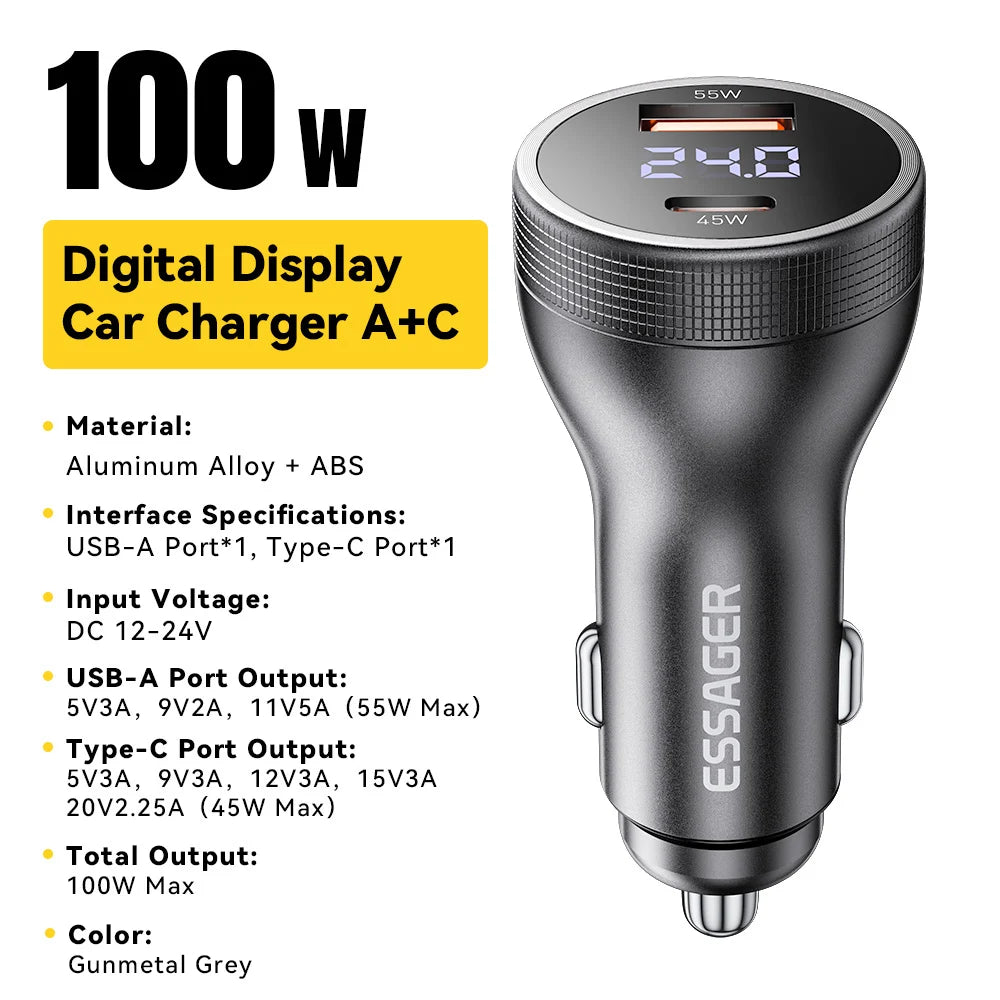 Essager 100 W Autoladegerät USB C Quick Charge PD 45 W für iPhone 15 pro 14 Xiaomi Poco Samsung Galaxy S24 Schnellladegerät