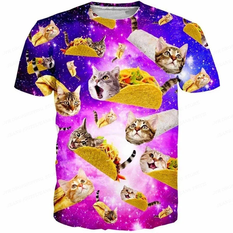 3D Gedruckt Lustige Katze T Shirt Für Männer Tier Lebensmittel Muster Tees Sommer Straße Oversize Kurzarm Tops Lose Rundhals T-Shirts