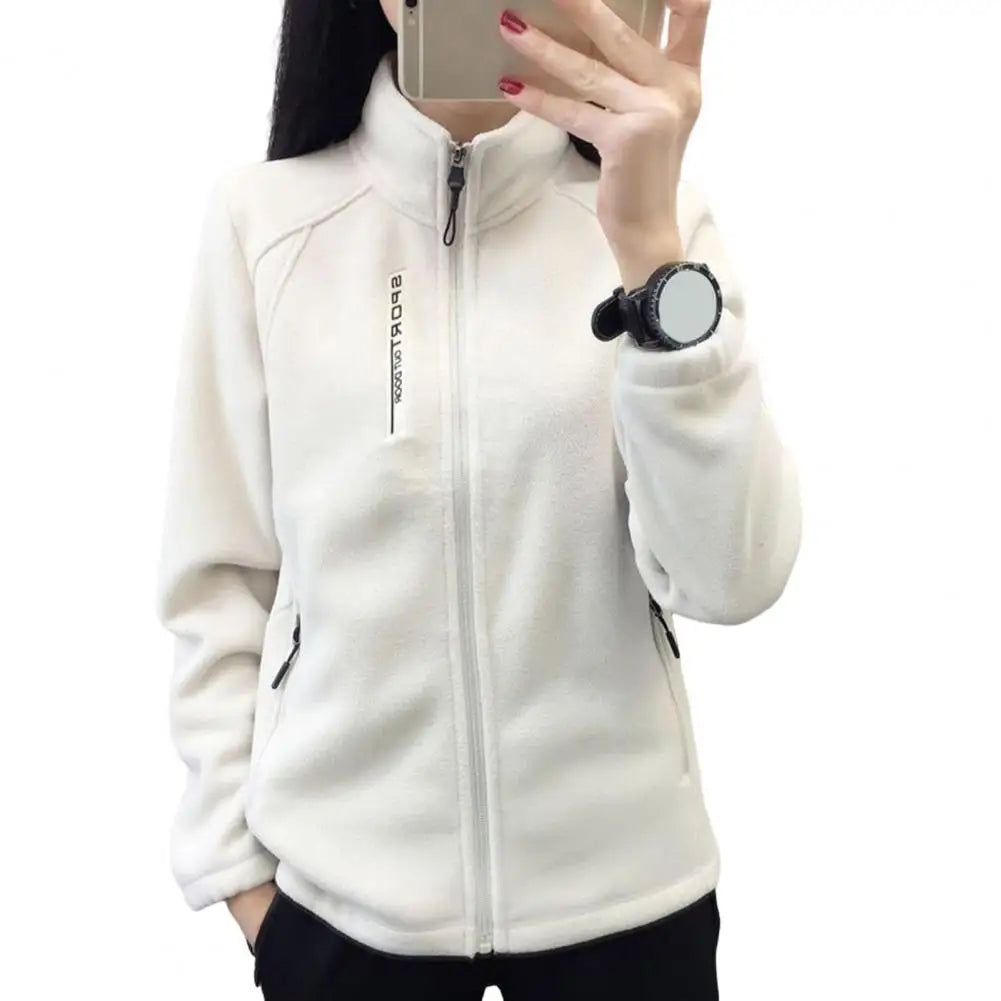 Frauen Stehkragen Mantel Dame Mädchen Zip-up Polar Fleece Sport Stil Tops Reißverschluss Taschen Solide Dicke Plüsch Thermische Strickjacke mantel