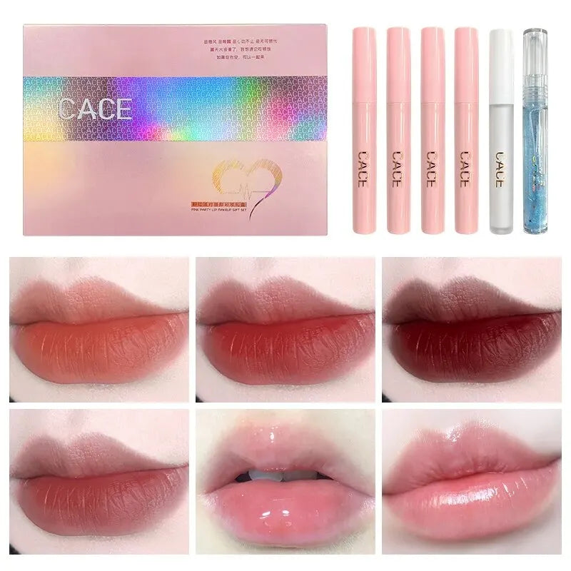 CACE Mattflüssiger Lippenstift-Make-up-Sets, 4 Farben Lipgloss und 1 transparenter Lipgloss und 1 Stück Lippenbalsam, praller und Halsketten-Geschenk