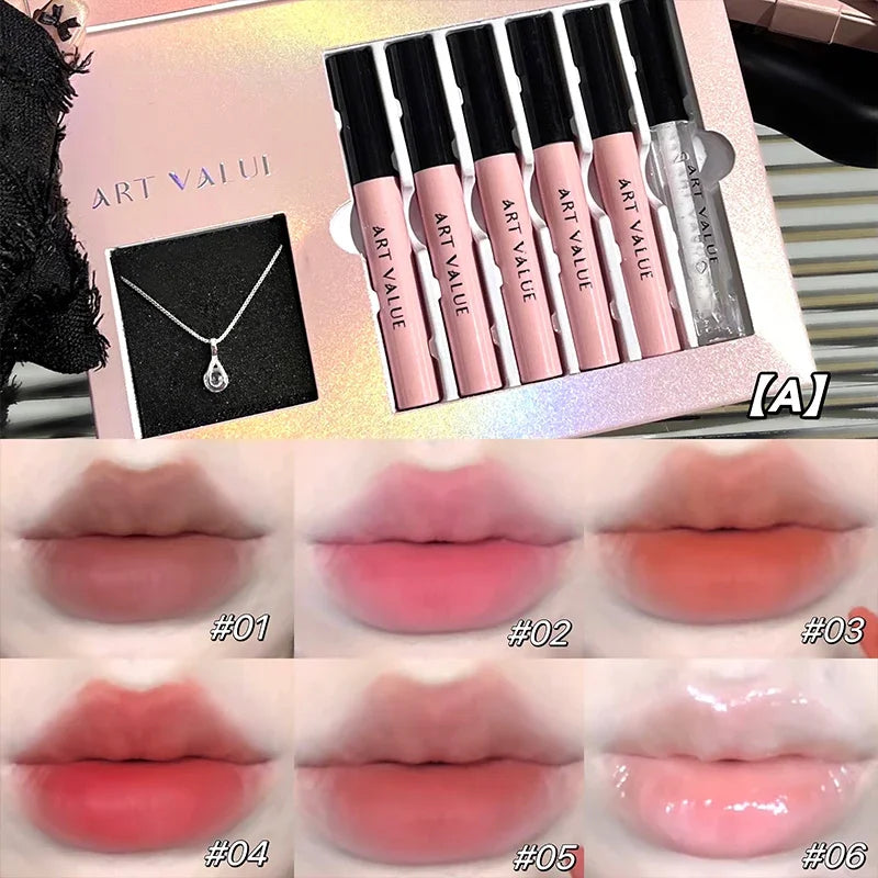 Rosa Liebesbrief Lippenschlamm Spiegelglasur Halskette Set Lippen Make-up Set mit mattem weichem Nebel und weißem Frauen Make-up Kosmetik Geschenke