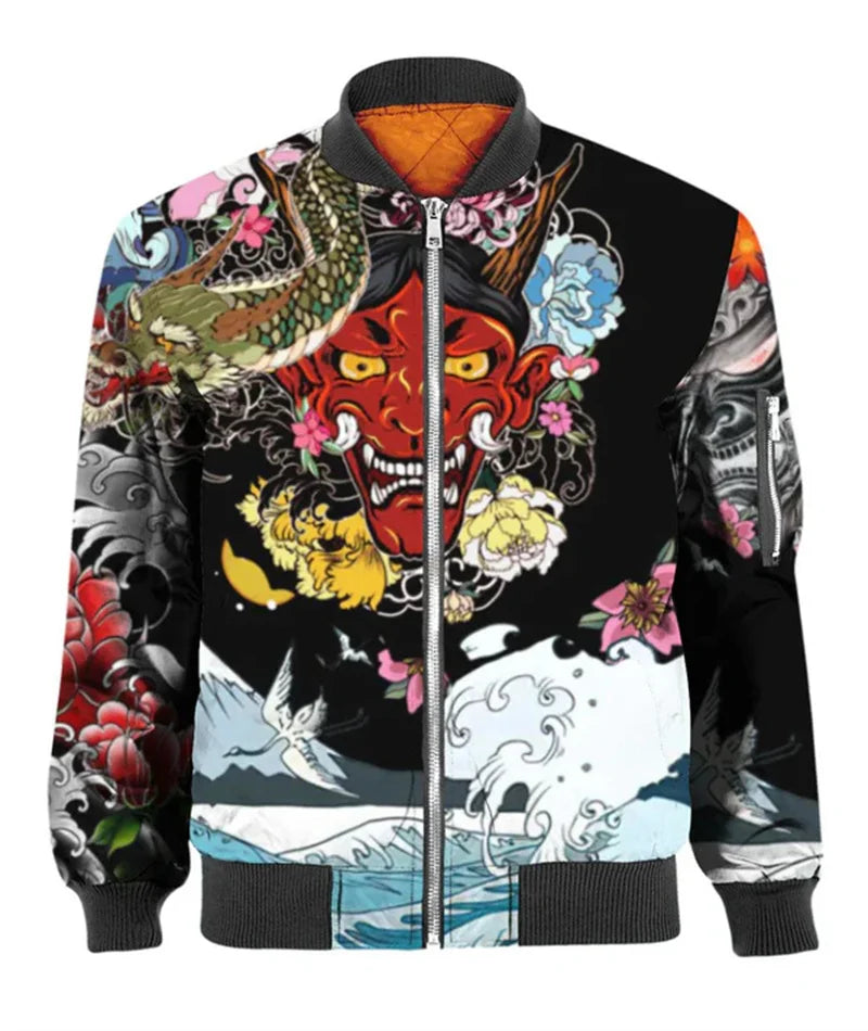 3d gedruckt neue Samurai oni Maske Tattoo Herren Bomber jacke lässig Frühling Herbst Vintage Reiß verschluss Jacke Unisex Kleidung Streetwear