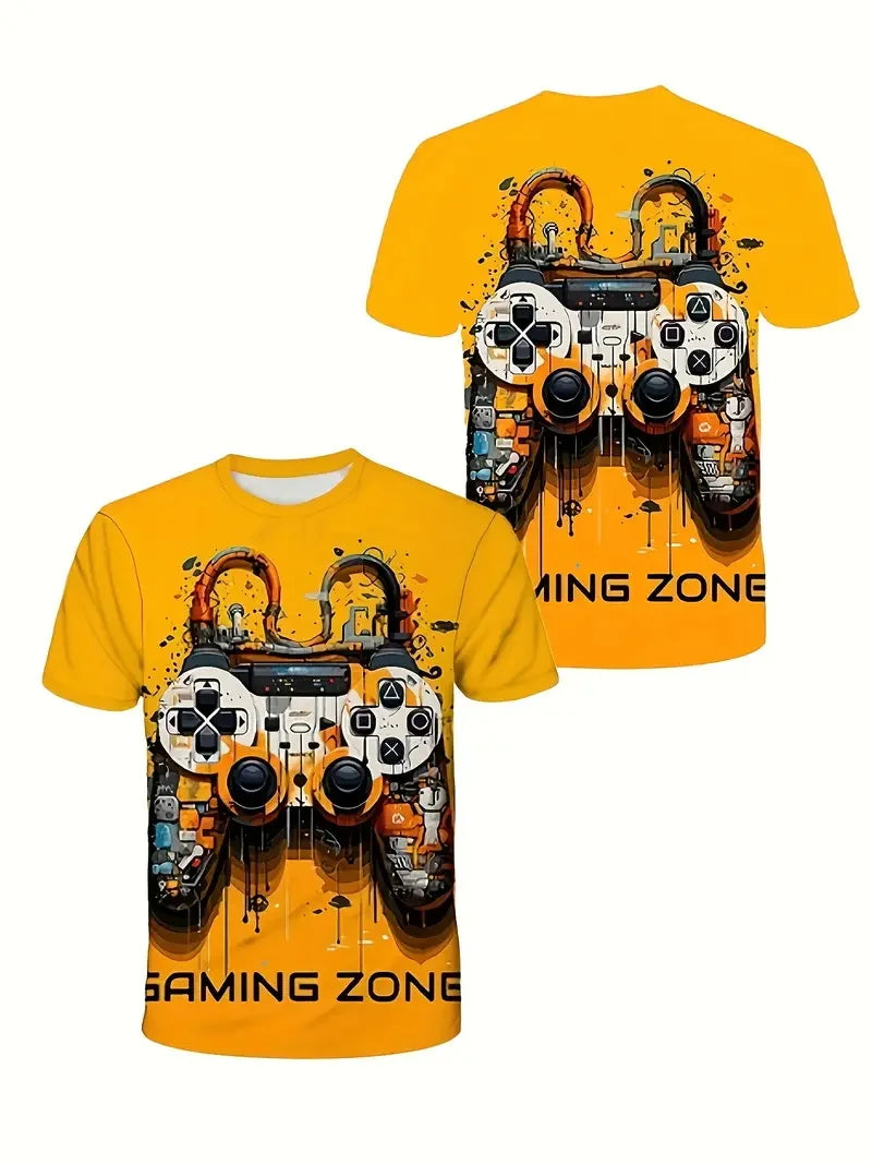 3D-Digitaldruck Herren Casual Vibrant Neon Game Controller Design T-Shirt Neu in Rundhalsausschnitt Kurzarm Gamer T-Shirt für Männer