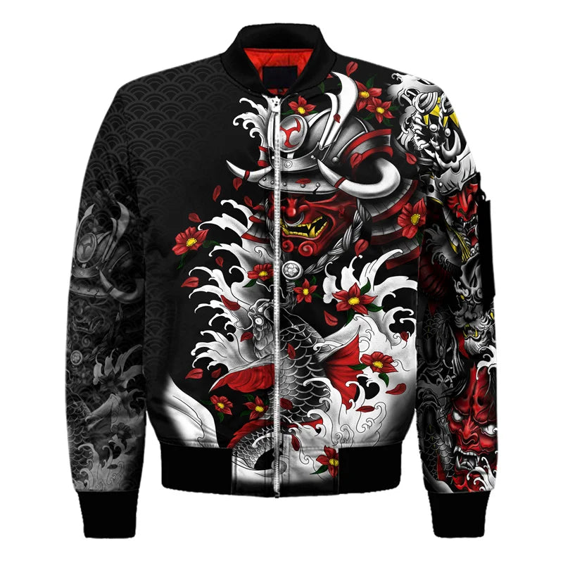 3D Gedruckt Neue Samurai Oni Maske Tattoo Herren Bomber Jacke Casual Frühling Herbst Vintage Zipper Jacke Unisex Kleidung Streetwear