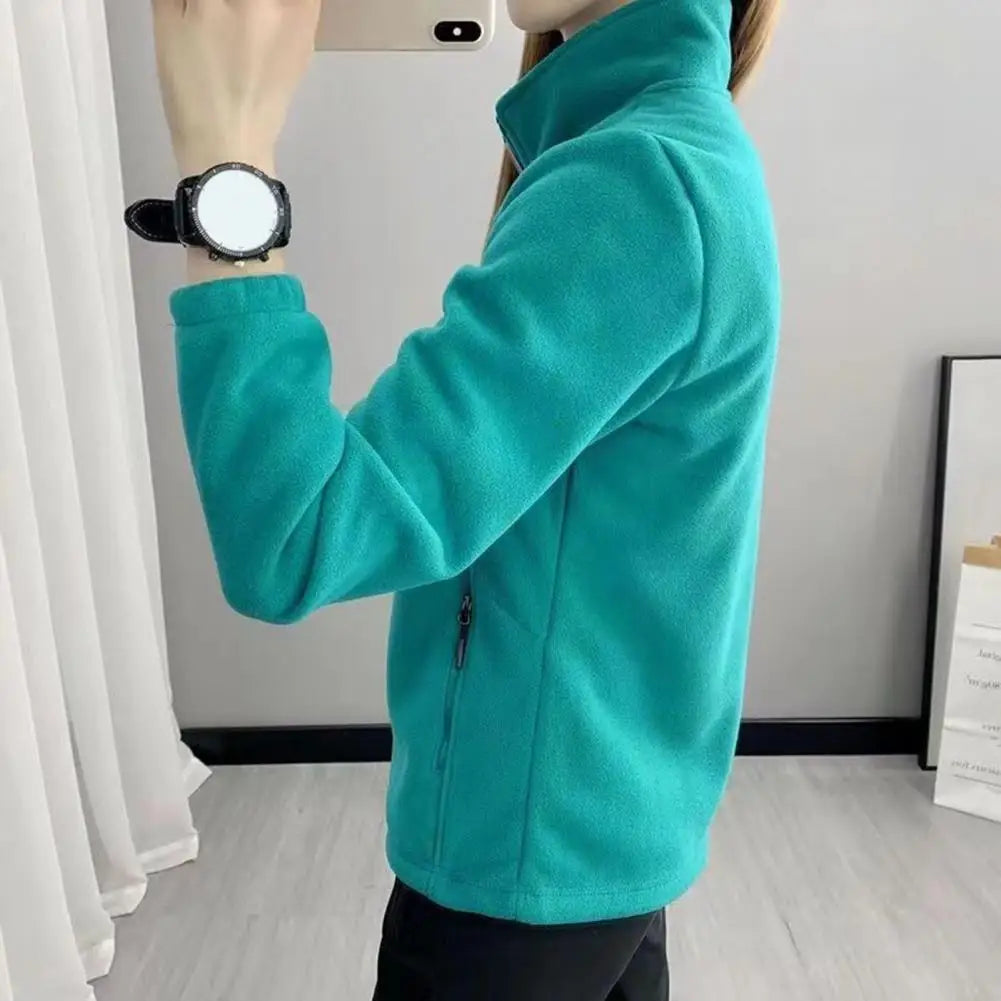 Frauen Stehkragen Mantel Dame Mädchen Zip-up Polar Fleece Sport Stil Tops Reißverschluss Taschen Solide Dicke Plüsch Thermische Strickjacke mantel