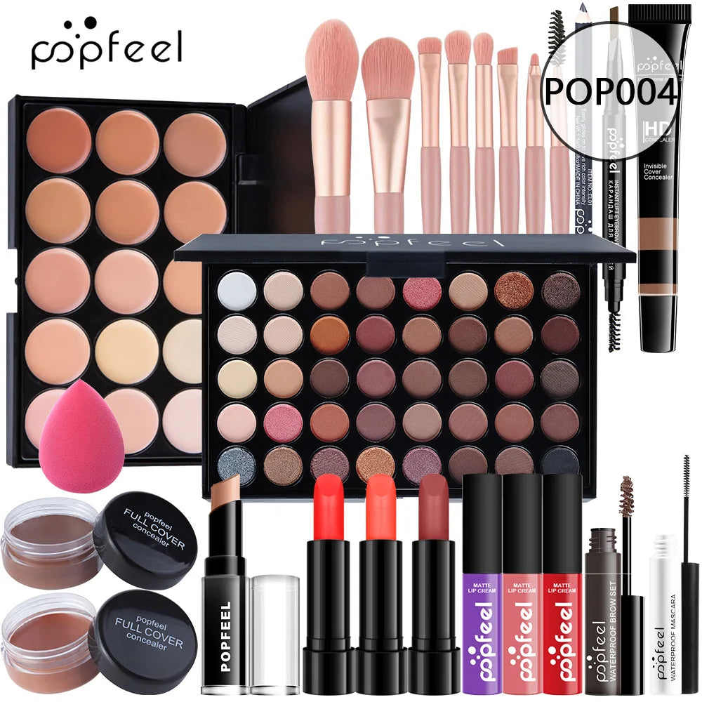 POPFEEL All-in-One-Make-up-Set, Geschenkset mit Lidschatten-Palette, Foundation, Lipgloss, Rouge, Pinsel, Eyeliner und mehr Schönheitsgeschenke