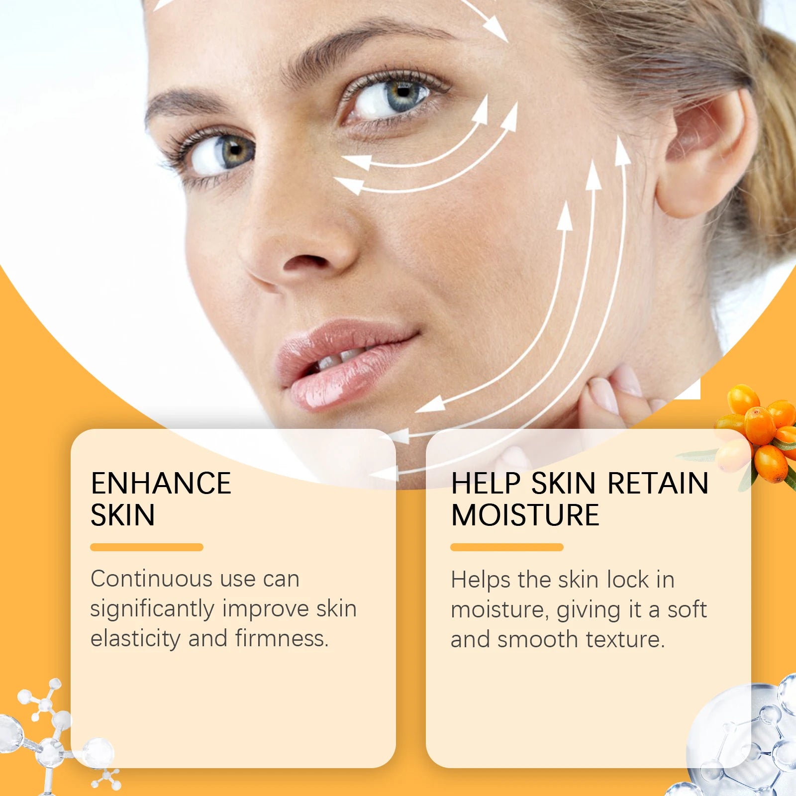 Feuchtigkeitsspendendes Sanddornserum zur sanft feuchtigkeitsspendenden, spenden, nähren, straffen Haut und unterstützen die verjüngende Gesichtsessenz