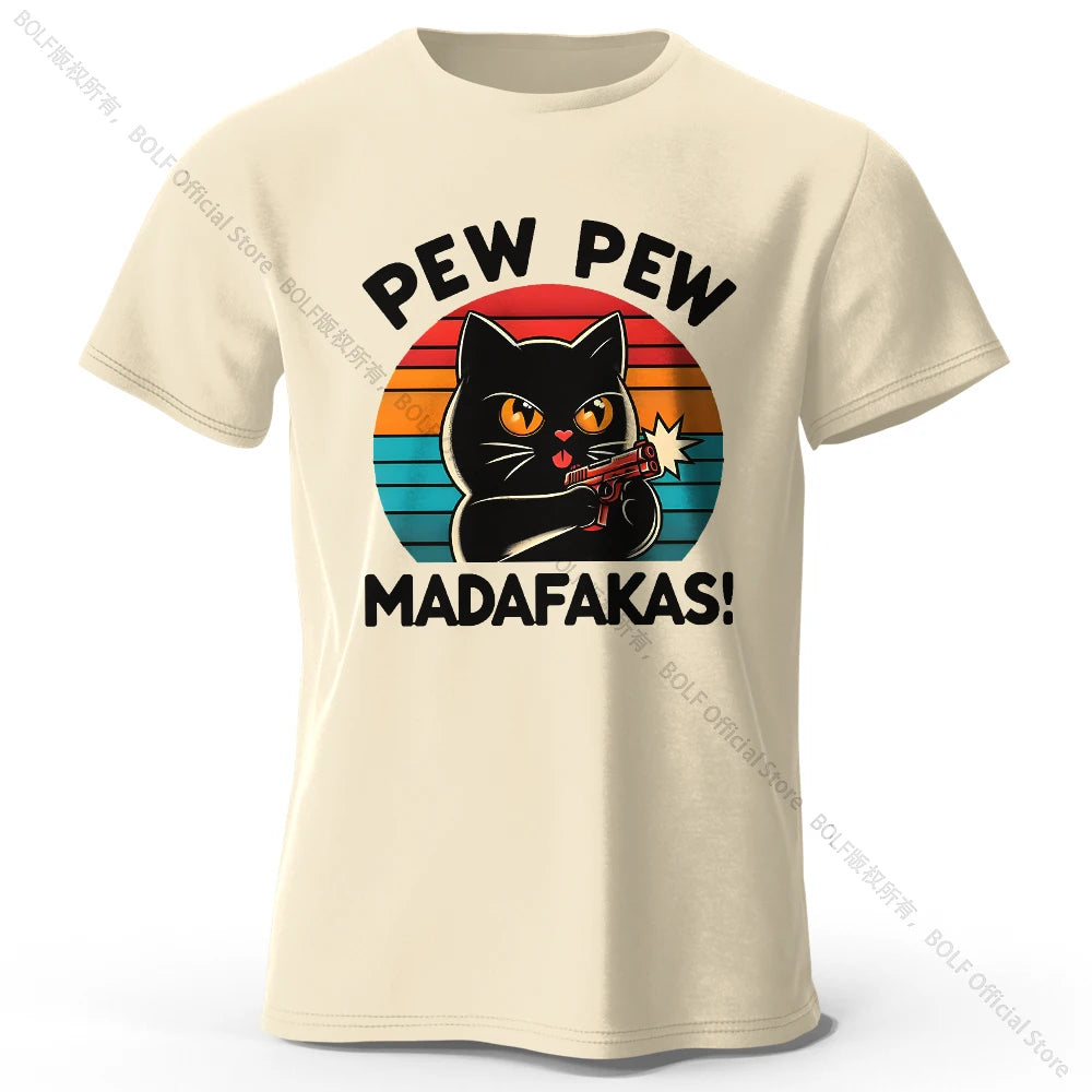 Niedliches handgezeichnetes Katzen-Doodle-Print-T-Shirt aus 100 % Baumwolle, ultraweiches Rundhals-Kurzarm-T-Shirt für Männer und Frauen