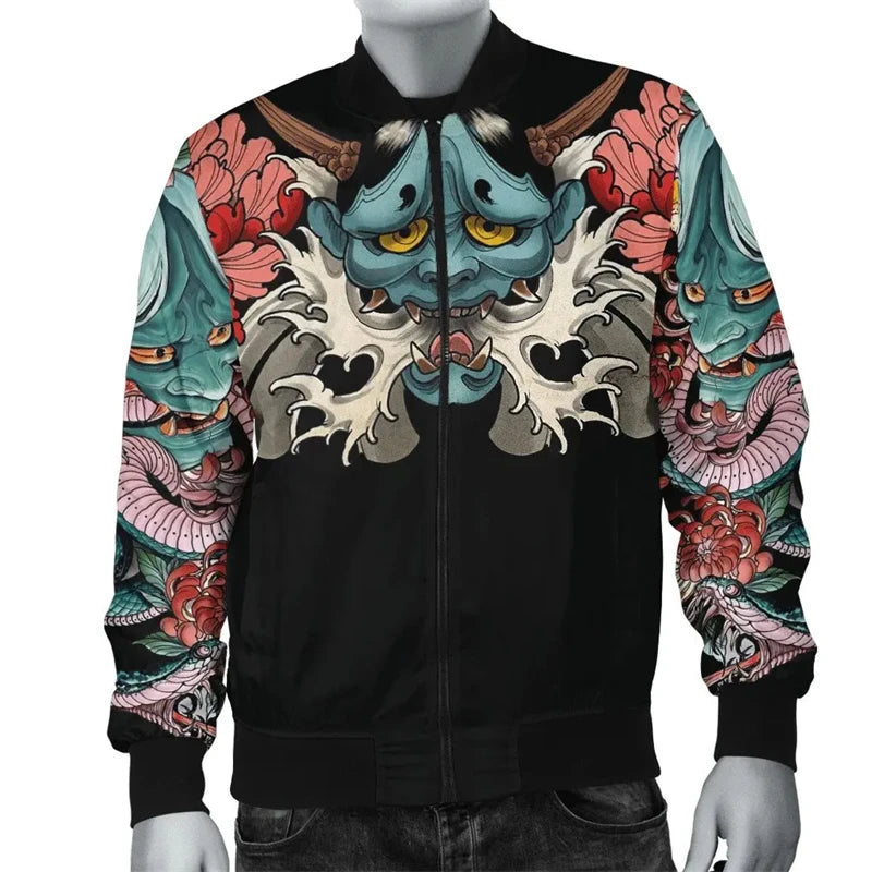 Frühling Herbst Herren Bomberjacke Samurai Oni Maske Tattoo 3D All Over Gedruckt Reißverschluss Trainingsanzüge Unisex Casual Reißverschluss Jacke Kleidung