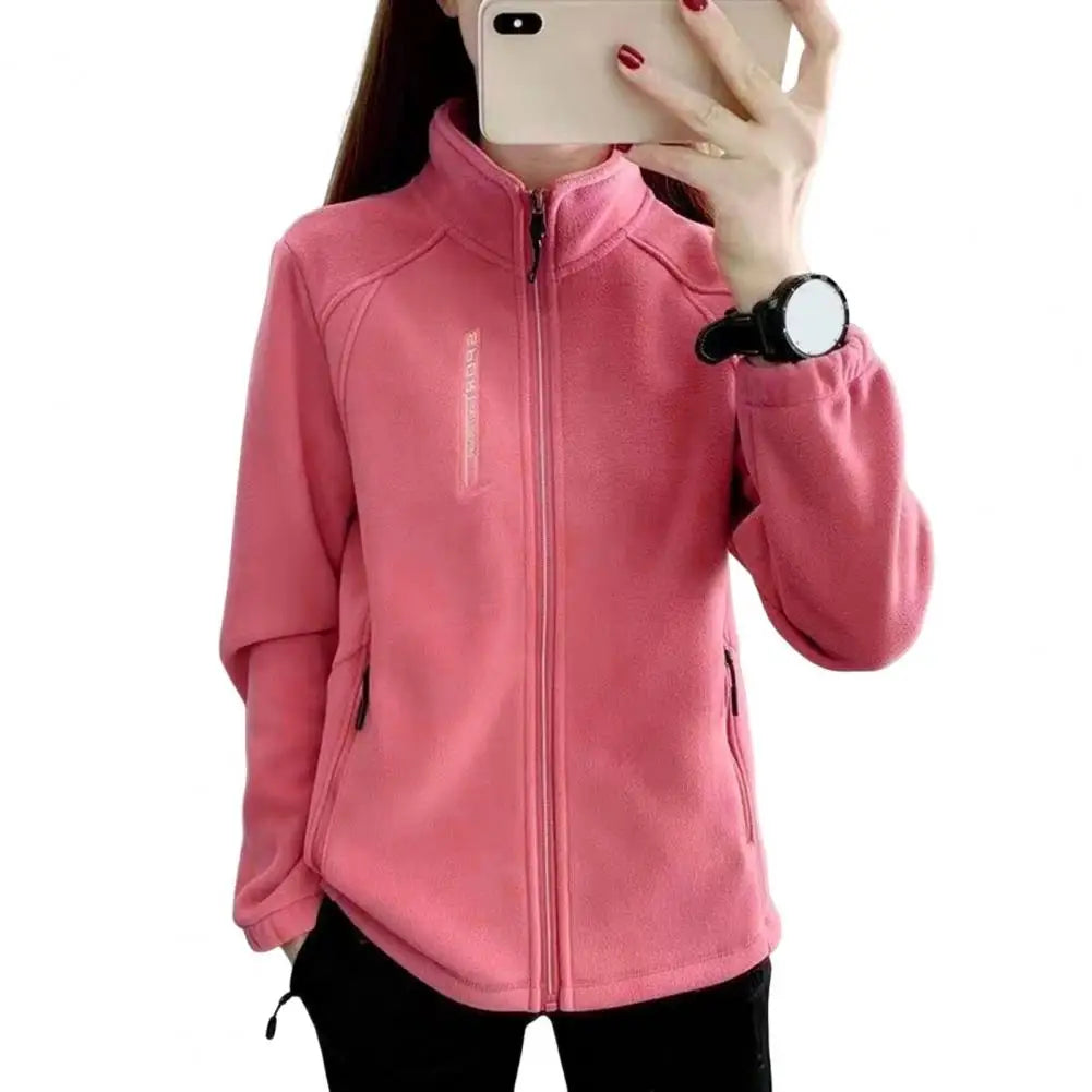 Frauen Stehkragen Mantel Dame Mädchen Zip-up Polar Fleece Sport Stil Tops Reißverschluss Taschen Solide Dicke Plüsch Thermische Strickjacke mantel