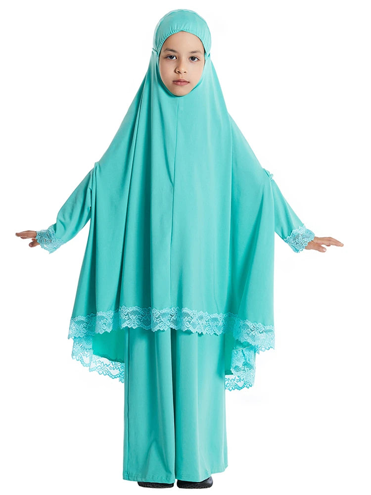 Muslimische Kinder Mädchen Hijab Kleid Ramadan Khimar Rock Set Overhead Eid Gebet Kleidungsstück Burka Abaya Robe Kaftan Kapuzenkleid