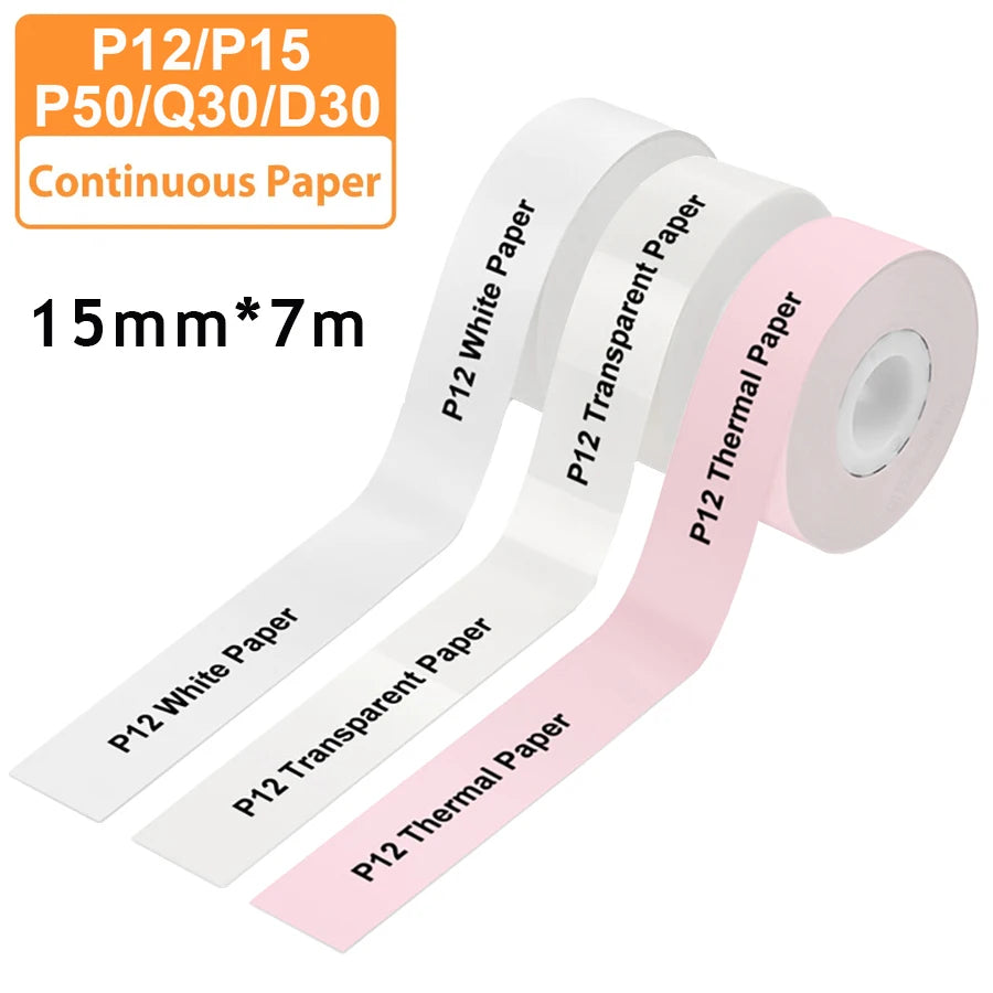3 Stück 15 mm x 7 m kontinuierliches Etikettenpapier, passend für P12 P15 Phomemo D30 Q30 Drucker, wasserdichter, selbstklebender Thermodrucker