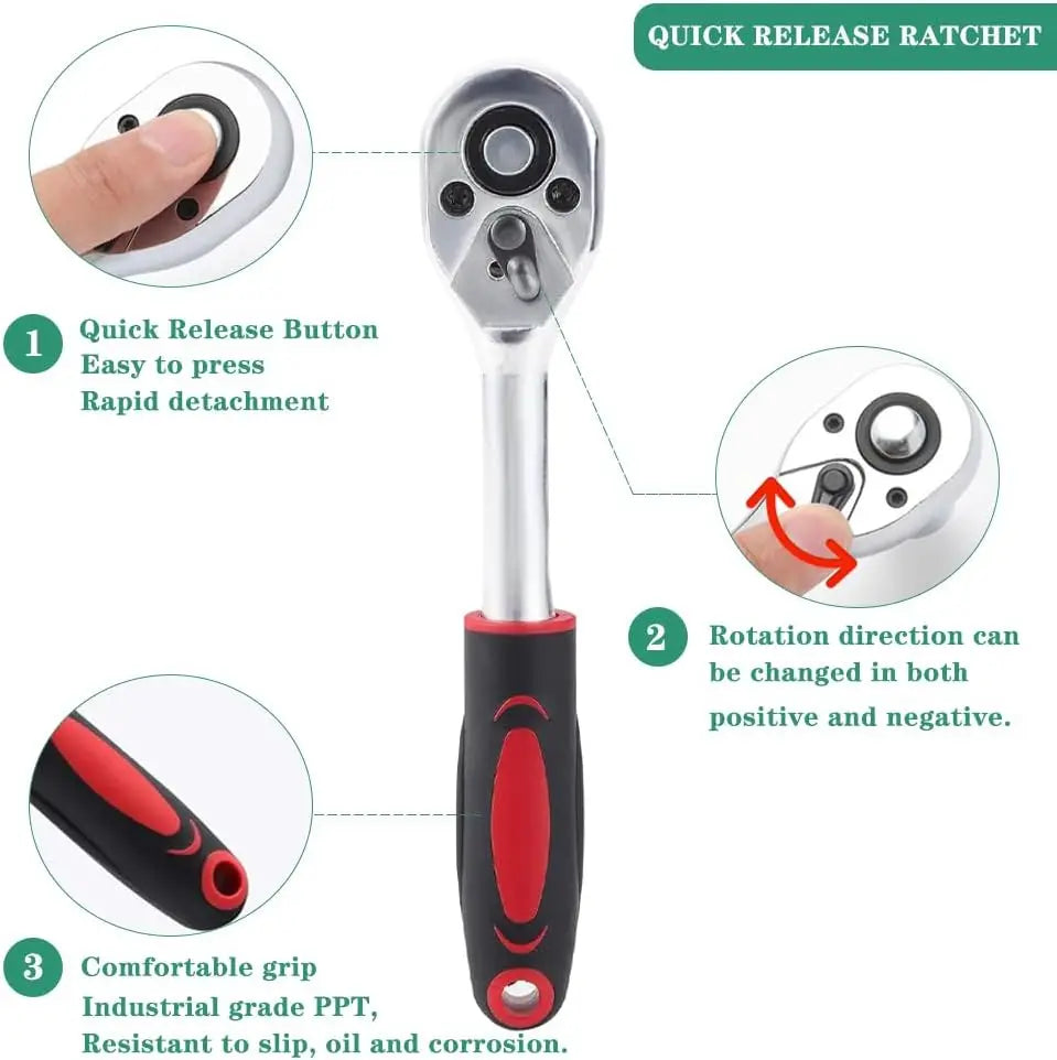 46-teiliges Ratschenschlüssel-Set mit 1/4-Zoll-Antriebsbuchse, mit metrischem Bit-Steckschlüssel-Set und Verlängerungsstange für die Autoreparatur, Fahrrad