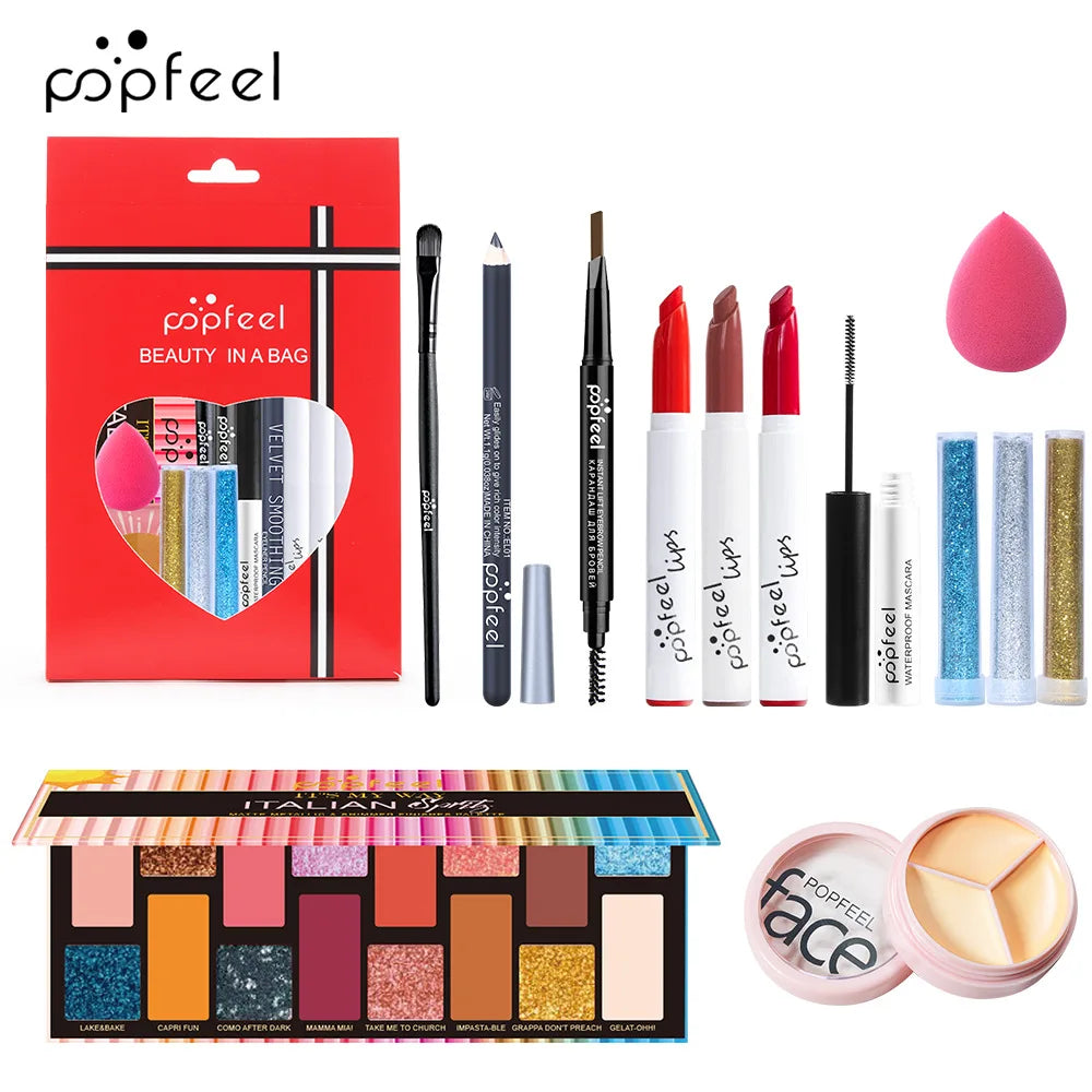 POPFEEL All-in-One-Make-up-Set, Geschenkset mit Lidschatten-Palette, Foundation, Lipgloss, Rouge, Pinsel, Eyeliner und mehr Schönheitsgeschenke