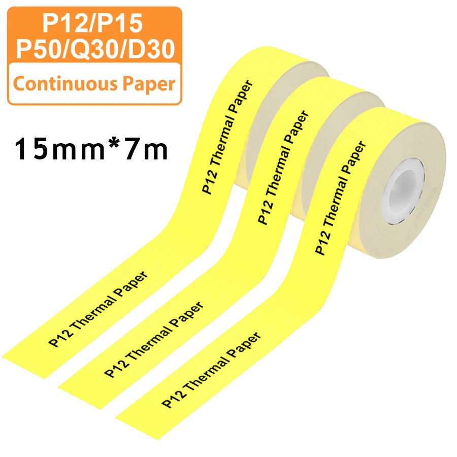 3 Stück 15 mm x 7 m kontinuierliches Etikettenpapier, passend für P12 P15 Phomemo D30 Q30 Drucker, wasserdichter, selbstklebender Thermodrucker