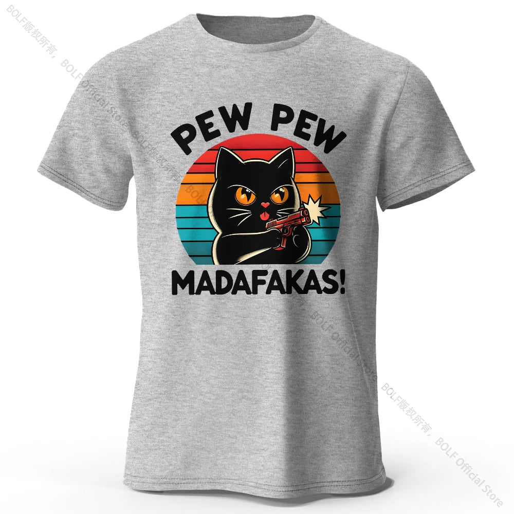 Niedliches handgezeichnetes Katzen-Doodle-Print-T-Shirt aus 100 % Baumwolle, ultraweiches Rundhals-Kurzarm-T-Shirt für Männer und Frauen