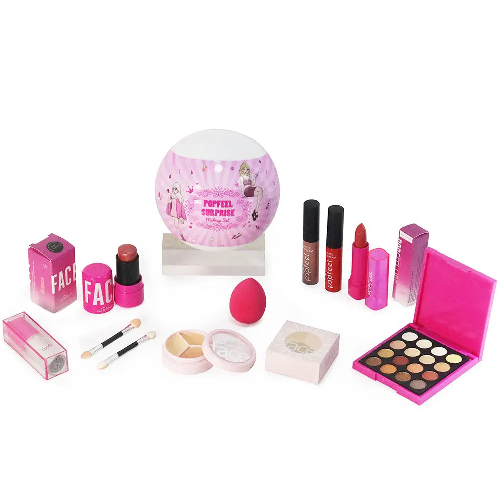 POPFEEL Überraschungs-Make-up-Ball-Set – 9-teiliges Make-up-Set mit Lidschatten und Lippenstiften, perfektes rosa Geschenk für Mädchen, ideale Weihnachten
