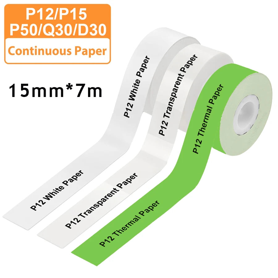 3 Stück 15 mm x 7 m kontinuierliches Etikettenpapier, passend für P12 P15 Phomemo D30 Q30 Drucker, wasserdichter, selbstklebender Thermodrucker