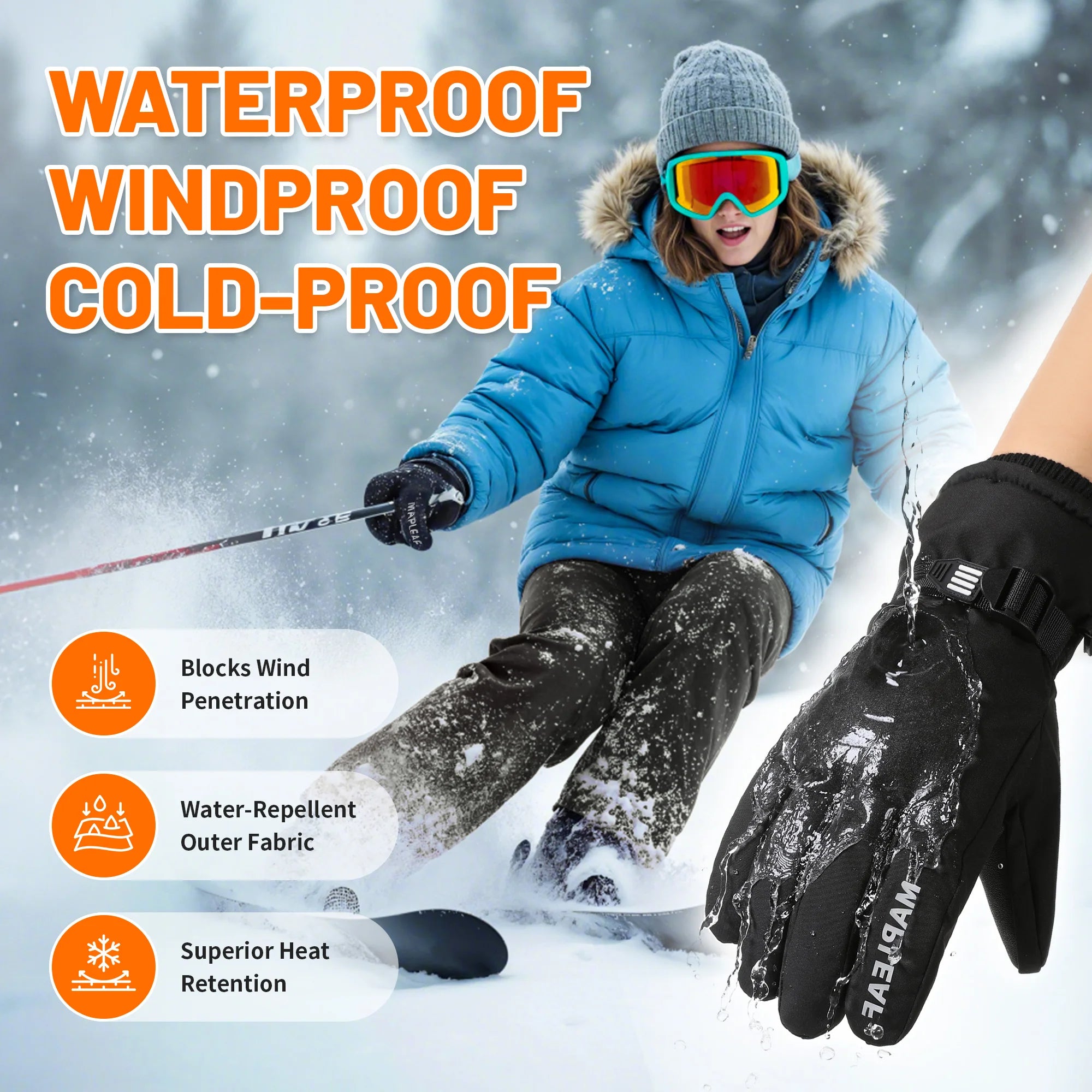 MAPLEAF Skihandschuhe Winter Wasserdicht Winddicht 3M Outdoor Snowboard Handschuhe Schneemobil Handschuhe Thermo Motorrad Radfahren Handschuhe