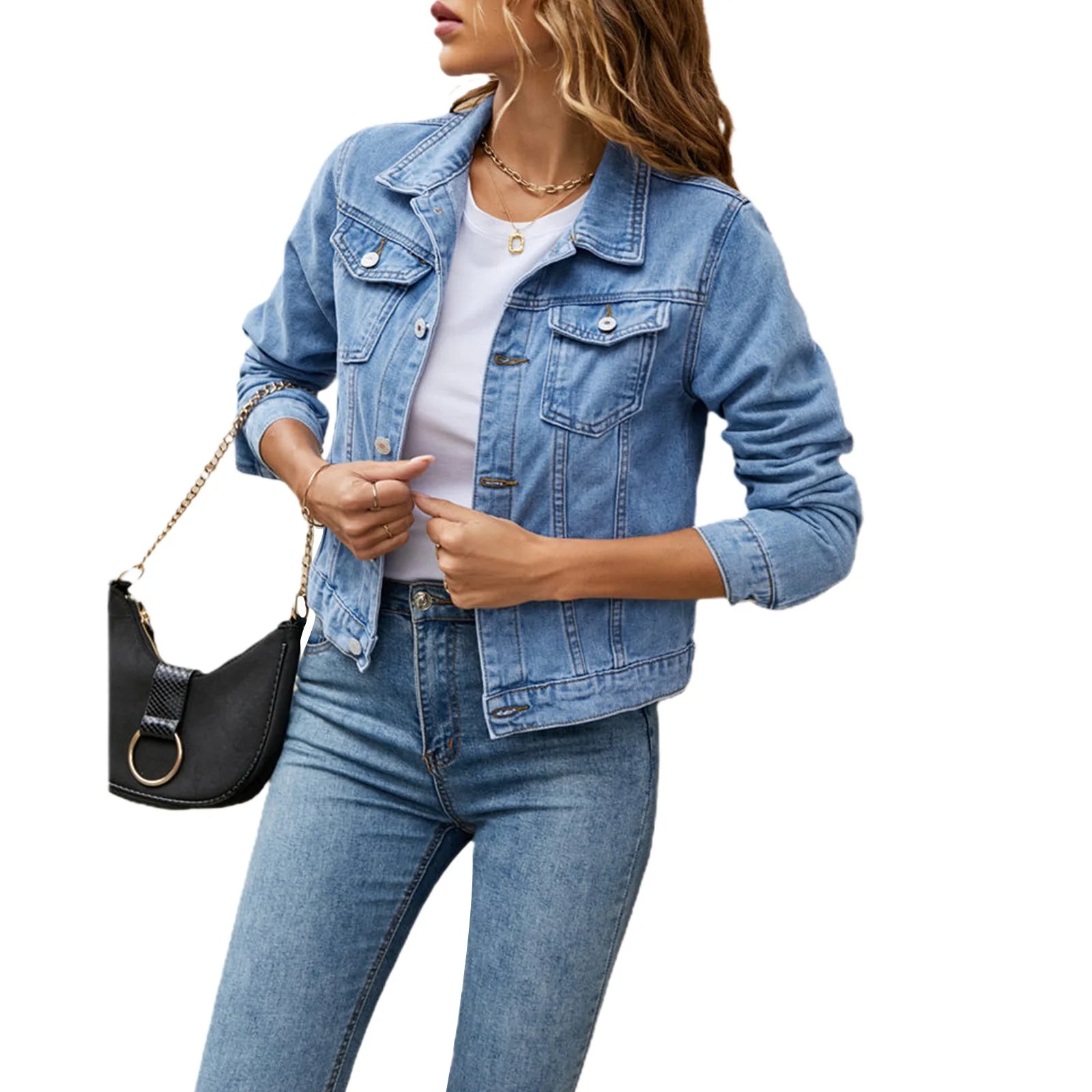 Frauen Denim Jacken Mode Weibliche Casual Langarm Revers Solide Taste Unten Brust Tasche Schlank Jean Jacke Herbst Winter Mantel