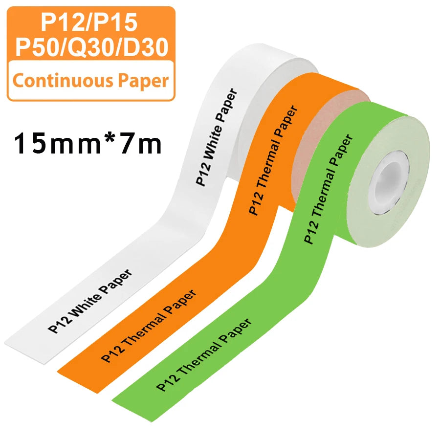 3 Stück 15 mm x 7 m kontinuierliches Etikettenpapier, passend für P12 P15 Phomemo D30 Q30 Drucker, wasserdichter, selbstklebender Thermodrucker