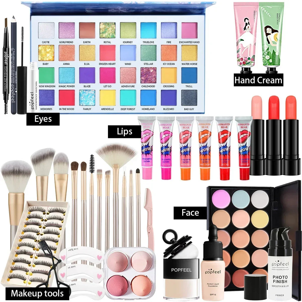 POPFEEL All-in-One-Make-up-Set, Geschenkset mit Lidschatten-Palette, Foundation, Lipgloss, Rouge, Pinsel, Eyeliner und mehr Schönheitsgeschenke