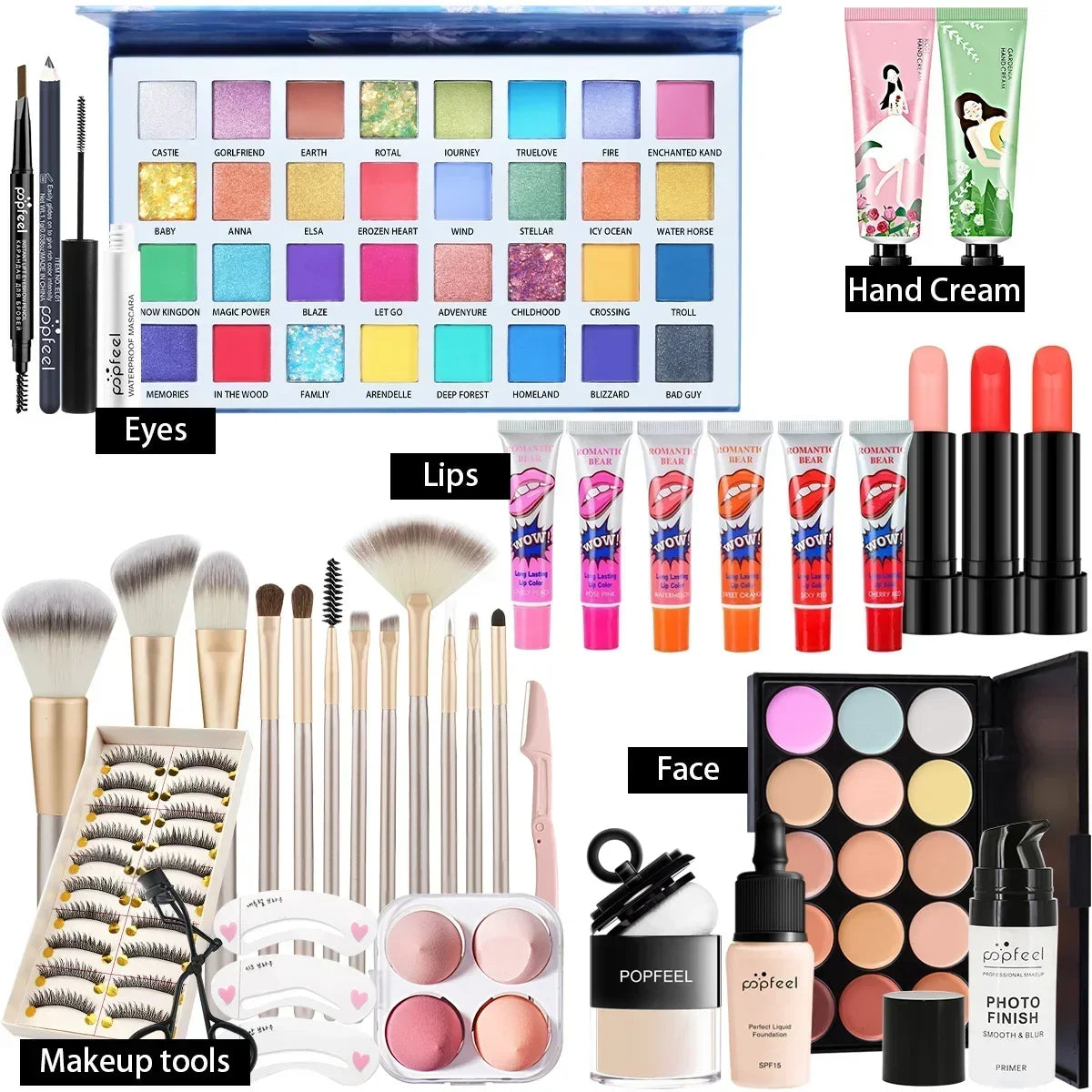 POPFEEL All-in-One-Make-up-Set, Geschenkset mit Lidschatten-Palette, Foundation, Lipgloss, Rouge, Pinsel, Eyeliner und mehr Schönheitsgeschenke