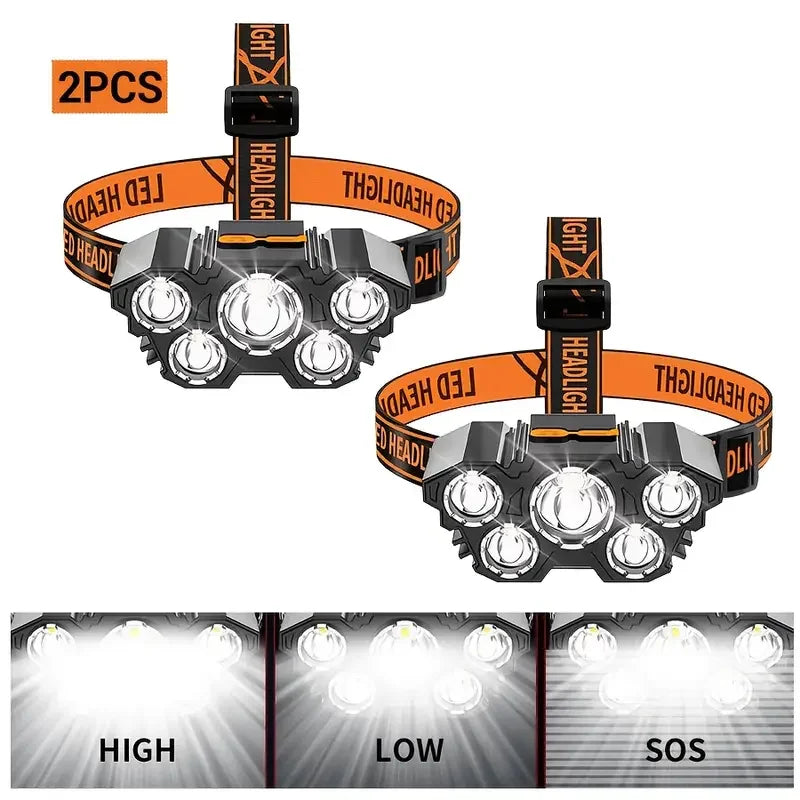 5-LED-Taschenlampe, wiederaufladbar, mit eingebauter Lithium-Batterie, starkes Kopflicht, Camping, Abenteuer, Angeln, Radfahren, Stirnlampe
