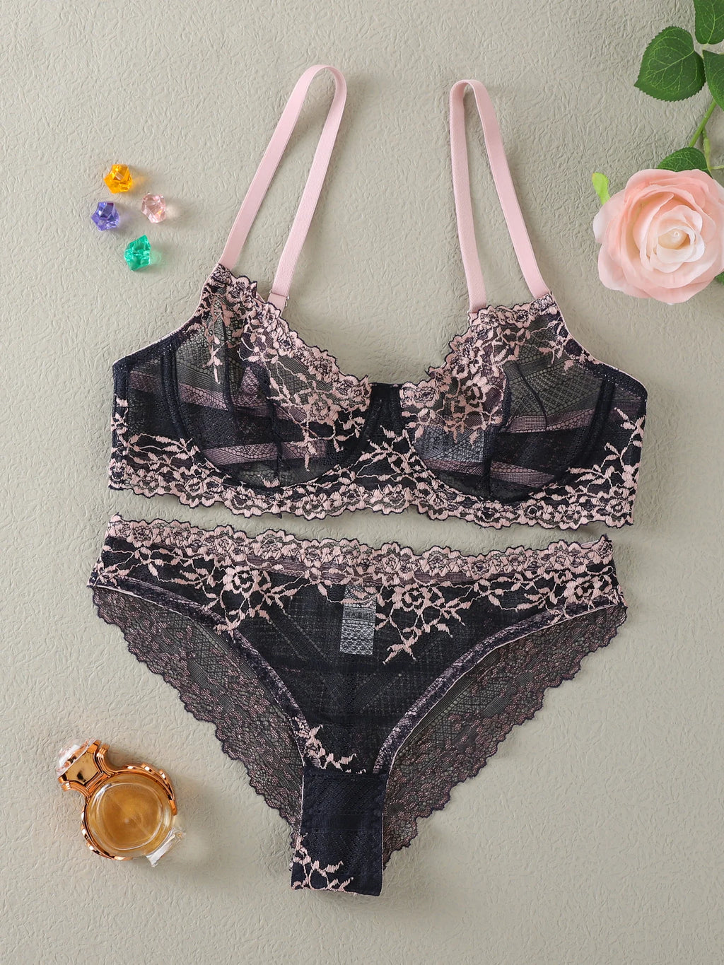 2-teiliges Set – Spitzen-BH + Höschen-Set – durchsichtiges Spitzen-Dessous-Set – mehrere Farben erhältlich – Spitzen-Damen-Dessous-Set – sexy Dessous-Set – mit Bügel