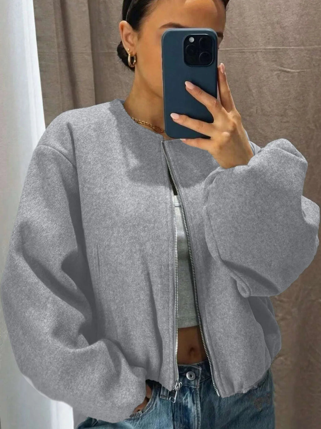 Mäntel Solide Zipper Strickjacke Frauen O Neck Jacke Langarm Gespleißt Taschen Lose Fit Herbst 2022, Casual Leichte Strech