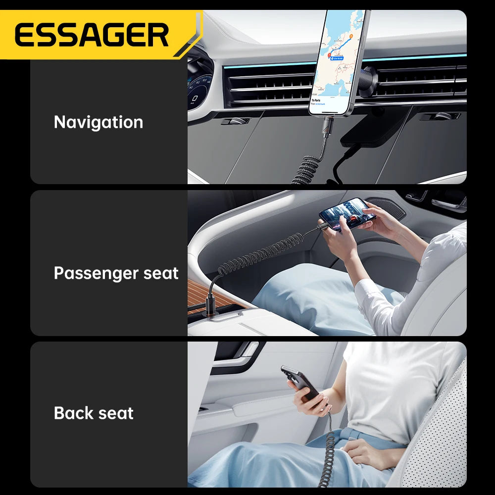 Essager Auto-Feder-Typ-C-Kabel für iPhone 16 15 Xiaomi Samsung 100 W PD Schnellladung für MacBook iPad Typ C auf Typ-C-Kabel