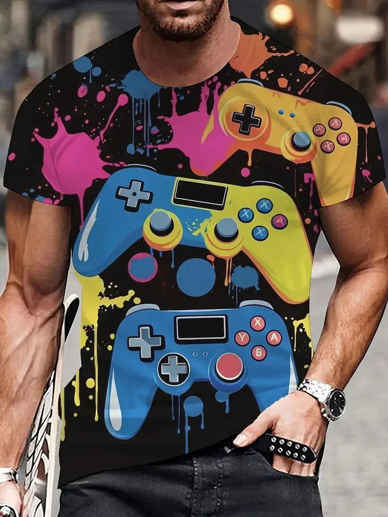 3D-Digitaldruck Herren Casual Vibrant Neon Game Controller Design T-Shirt Neu in Rundhalsausschnitt Kurzarm Gamer T-Shirt für Männer