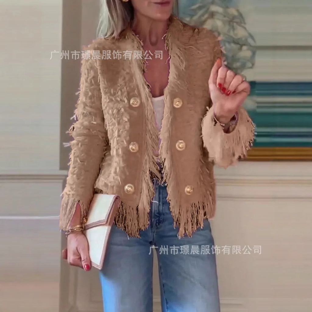 Frauen Feste Mäntel Fransen Kurze Jacke Quaste Lange Ärmel V-ausschnitt Einreiher Slim Fit Büro Dame Casual 2025, Herbst Winter