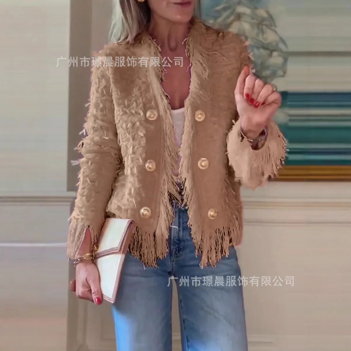 Frauen Feste Mäntel Fransen Kurze Jacke Quaste Lange Ärmel V-ausschnitt Einreiher Slim Fit Büro Dame Casual 2025, Herbst Winter