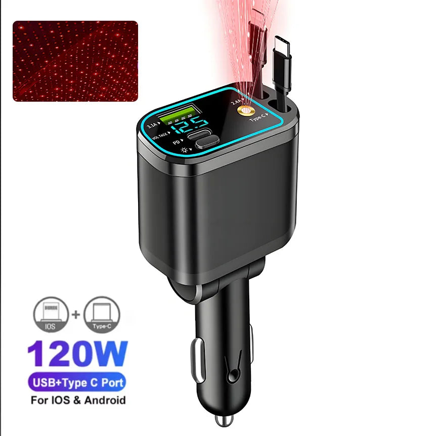 120 W 4/5 IN 1 Versenkbare Auto Ladegerät USB C Kabel Für IPhone Huawei Samsung Schnelle Ladekabel Zigarette leichter Adapter PD QC3.0