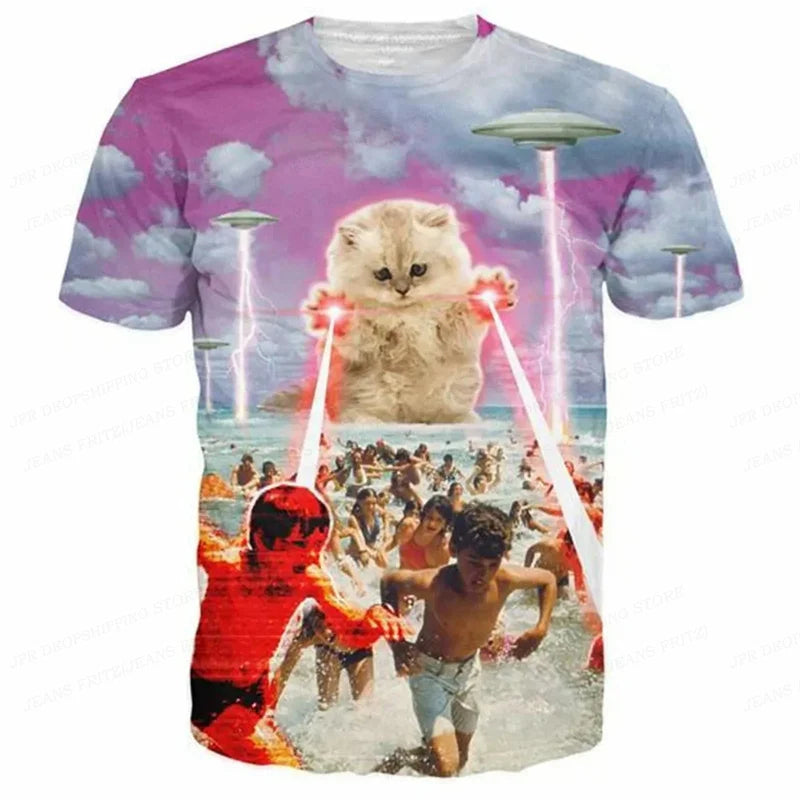 3D Gedruckt Lustige Katze T Shirt Für Männer Tier Lebensmittel Muster Tees Sommer Straße Oversize Kurzarm Tops Lose Rundhals T-Shirts