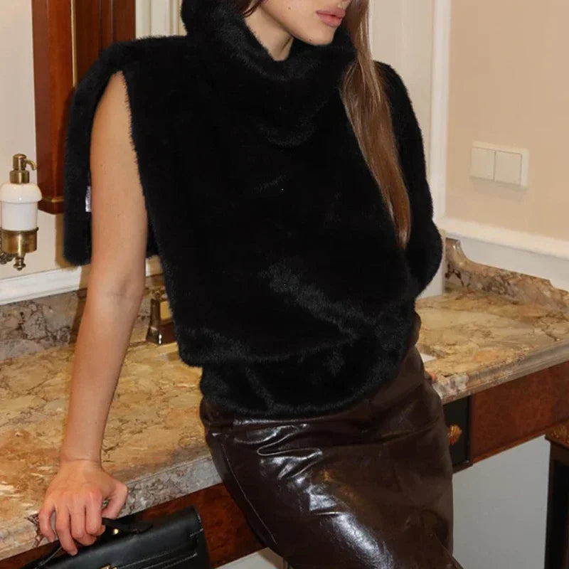 2024 Winter Neue Feste Faux Pelz Weste für Frauen Ärmellose Hohe Kragen Verdickt Warme Jacken Weibliche Straße Alle-spiel outwear
