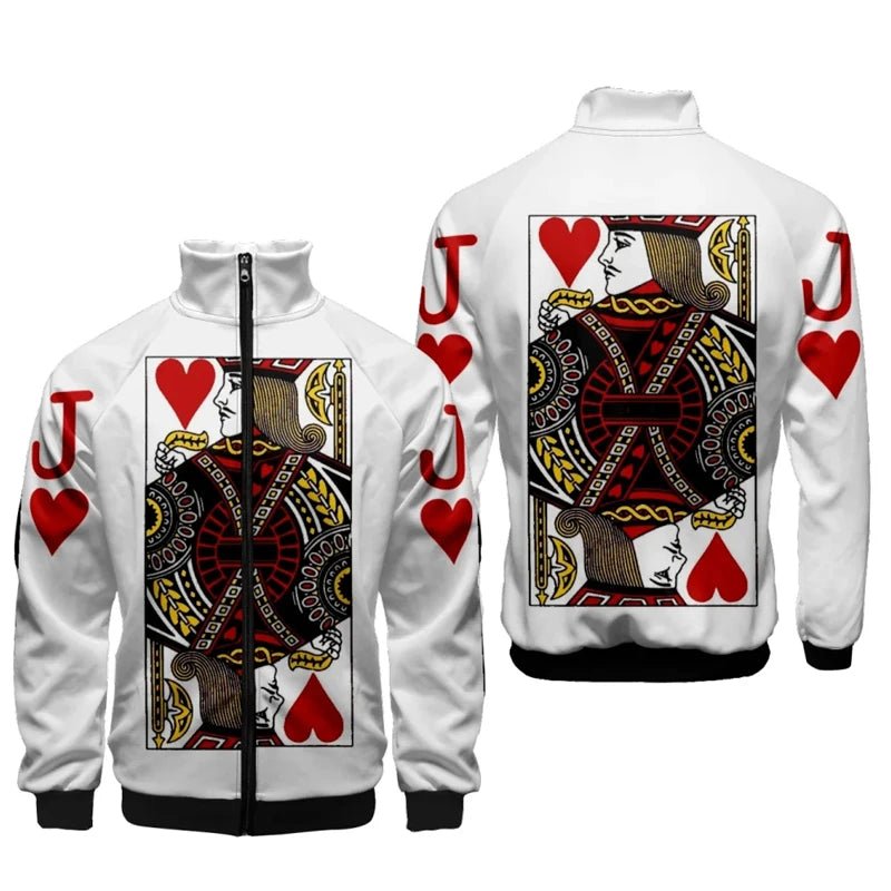 Spielkarten Poker k ein Druck 3d Stand Kragen Hoodies Männer Frauen Reiß verschluss Hoodie lässig Langarm Jacke King Queen Mantel Kleidung