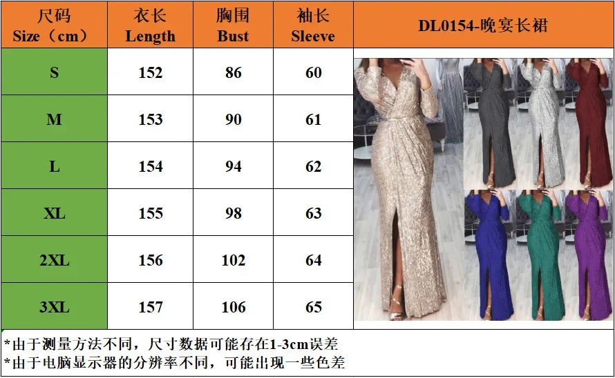 Frauen Pailletten Hohe Schlitz Party Kleid Geraffte Abend Glitter Kleider Tiefem V-ausschnitt Langarm Vestidos Sommer Neue 2023 Sexy