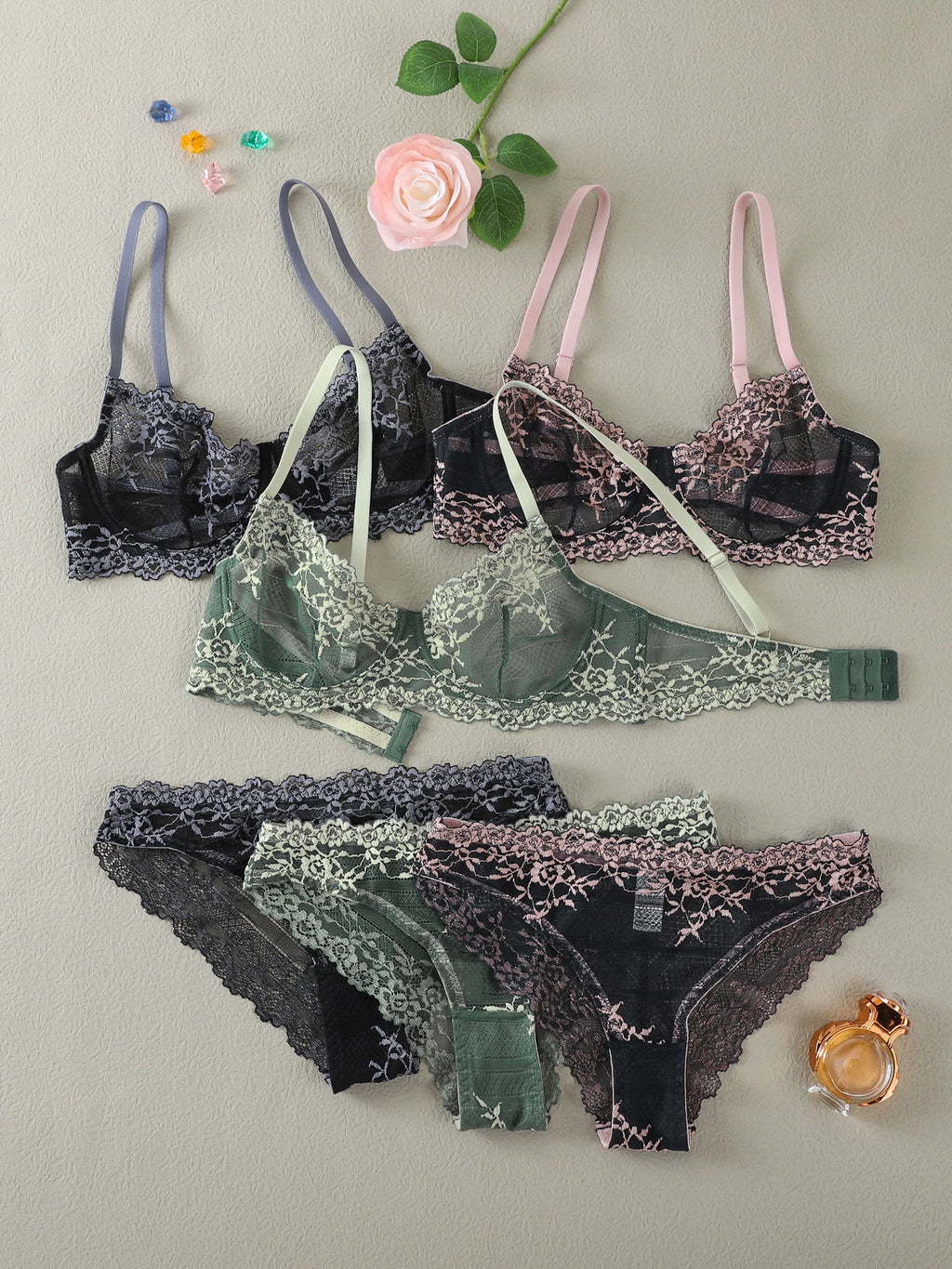 2-teiliges Set – Spitzen-BH + Höschen-Set – durchsichtiges Spitzen-Dessous-Set – mehrere Farben erhältlich – Spitzen-Damen-Dessous-Set – sexy Dessous-Set – mit Bügel