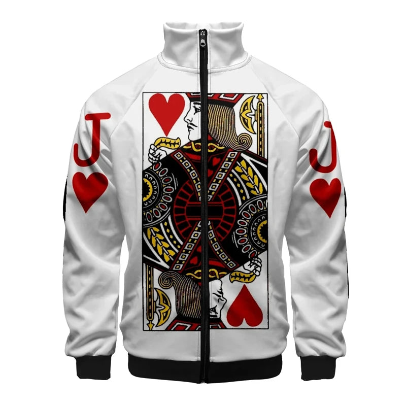 Spielkarten Poker k ein Druck 3d Stand Kragen Hoodies Männer Frauen Reiß verschluss Hoodie lässig Langarm Jacke King Queen Mantel Kleidung
