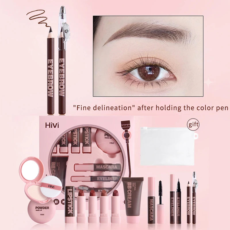 Weihnachts-Make-up-Set für Damen, 9 Lippenstifte, Puderpresse, BB-Creme, Augenbrauenstift, Mascara und Eyeliner-Set, für Frauen und Mädchen