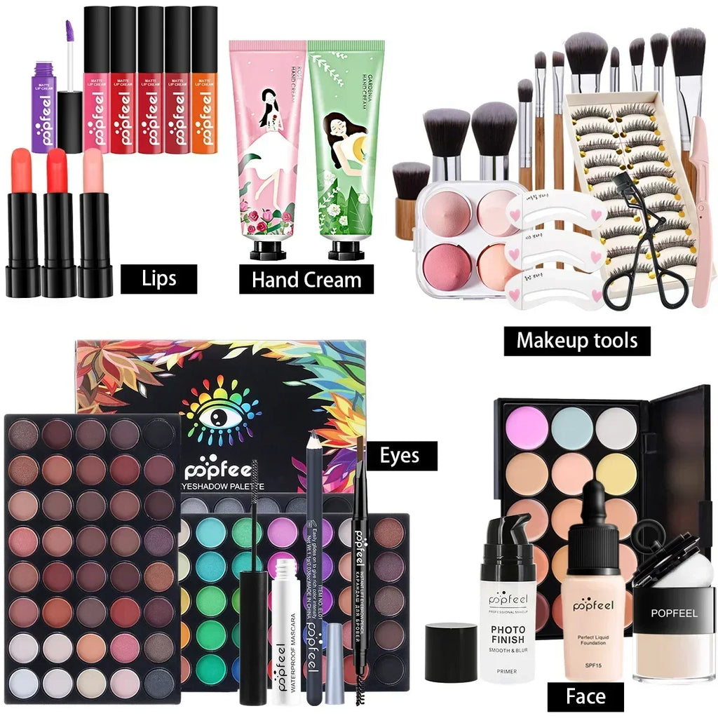 POPFEEL All-in-One-Make-up-Set, Geschenkset mit Lidschatten-Palette, Foundation, Lipgloss, Rouge, Pinsel, Eyeliner und mehr Schönheitsgeschenke